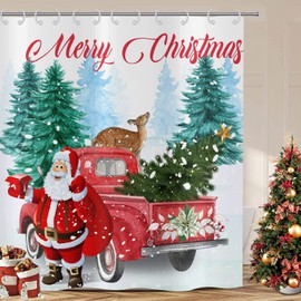 ASDCXZ Christmas Shower Curtain 180 x 200 cm, Red Truck Santa Claus Christmas Tree Deer Snow Bath Washable Shower Curtains Polyester Textile Waterproof Shower Curtain for Bath with 12 Hooks