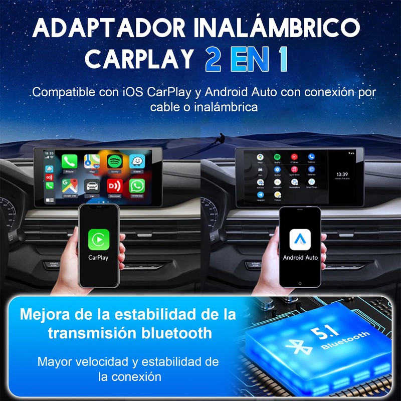 CarPlay Inalambrico y Android Auto 2 en 1 Bluetooth 5.1/WIFI,Adaptador