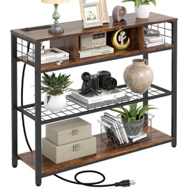 Livofloral Console Tables with Charging Station, 4 Tier Narrow Sofa Tables with Storage Shelves, Entryway Tables with Outlet and USB Ports, Behind Couch Table for Living Room Hallway, Rustic Brown