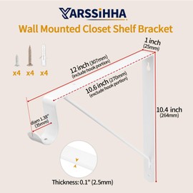 Yarssihha 2 Pack Closet Rod Bracket, 12 x 10.4 Inch Wall Mounted Closet Shelf Bracket, White Closet Rod Support Bracket with Screws