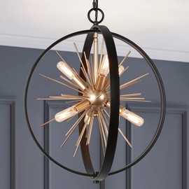 Modern Globe Chandelier, Gold Finished Sputnik Chandelier Light Fixture with Black Metal Frame, 6-Light Mid Century 18" Pendant Light for Dining & Living Room, Bedroom, Foyer, Kitchen Island