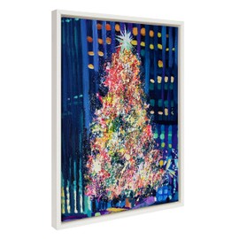 Kate and Laurel Sylvie Rockefeller Center Tree Framed Canvas Wall Art by Rachel Christopoulos, 18x24 White, New York Christmas Tree Art for Wall