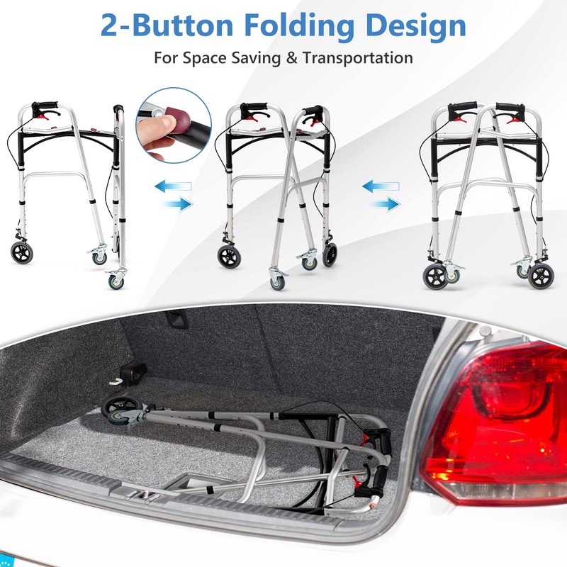 GYMAX Walkers for Seniors, 2-Button Folding Walker with 5 Inches