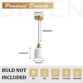 Magiroz Mid Century Modern Pendant Light Fixture Minimalist White Ceramic Hanging Light Ribbed Glass Light Fixture Adjustable Single Brushed Brass Opal Glass Pendant Lights Kitchen Island MPL16B