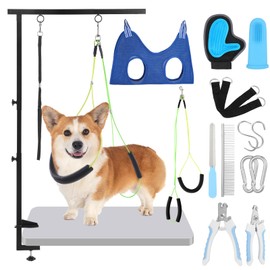 Sunnymove 13 Pcs Adjustable Dog Grooming Arm with Clamps, Adjustable Height 27"-37", Pet Grooming Stand with Hammock and No-sit Haunch Holders, Ideal Set for Small & Medium Dogs at Home or Salons