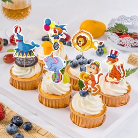 Circus Cupcake Toppers - Tiger, Elephant, Monkey, Lion Animal Cupcake Picks for Carnival Party Decorations - Circus Theme Kids Birthday, Baby Shower Party Supplies