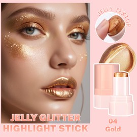 DAGEDA Shiny Jelly Highlighter Stick, Body Glitter Stick for Lips Cheeks Eyes,High-gloss Shimmering, Long-lasting Highlighter Pen for Daily Festival Makeup, 04 Gold