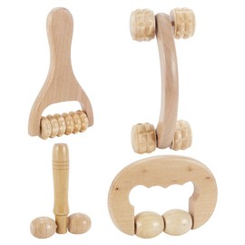 AHANDMAKER 4Pcs Massage Tool Set 4 Styles Wooden Gua Sha Tool, T-Shape Massage Roller, Therapy Trigger Point Massage Tool for Body, Face, Shoulder, Arm, Leg, Foot, Almond White