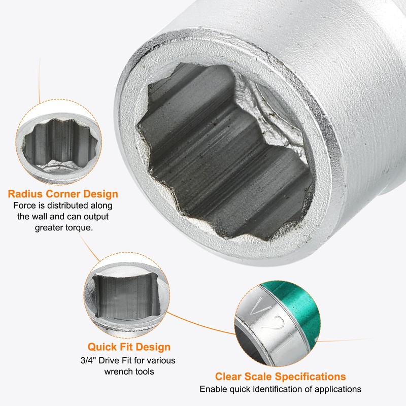 sourcing map 3/4" Drive 12 Points Socket 21mm Metric Shallow