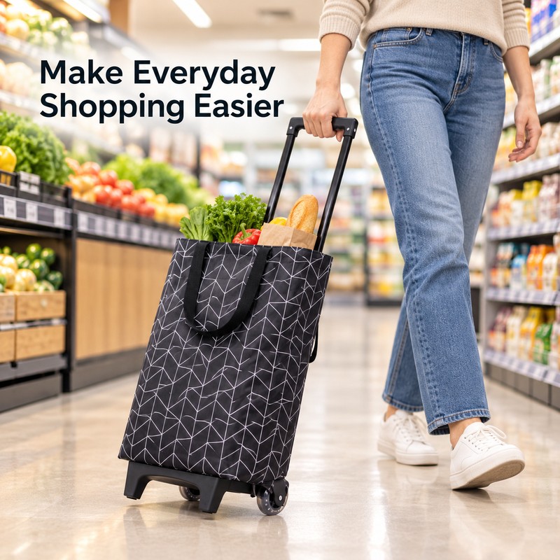 Foldable Shopping Cart Bag with Wheels and Retractable Handle for
