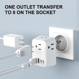 BuFan Adaptador Europeo Enchufe,Cargador de Viaje Tipo C con 4 Salidas CA y 2 Puertos USB + 2 Tipo C, Convertidor Europa, Adaptador US a Europeo para Italia, España, Francia, Alemania, Israel, Grecia