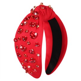 NVENF Valentine’s Day Headband for Women Love Heart Headband Jeweled Crystal Rhinestone Knotted Headband Red Pink Wide Top Knot Headband Valentine’s Day Hair Accessories Gifts (Red Heart 3)