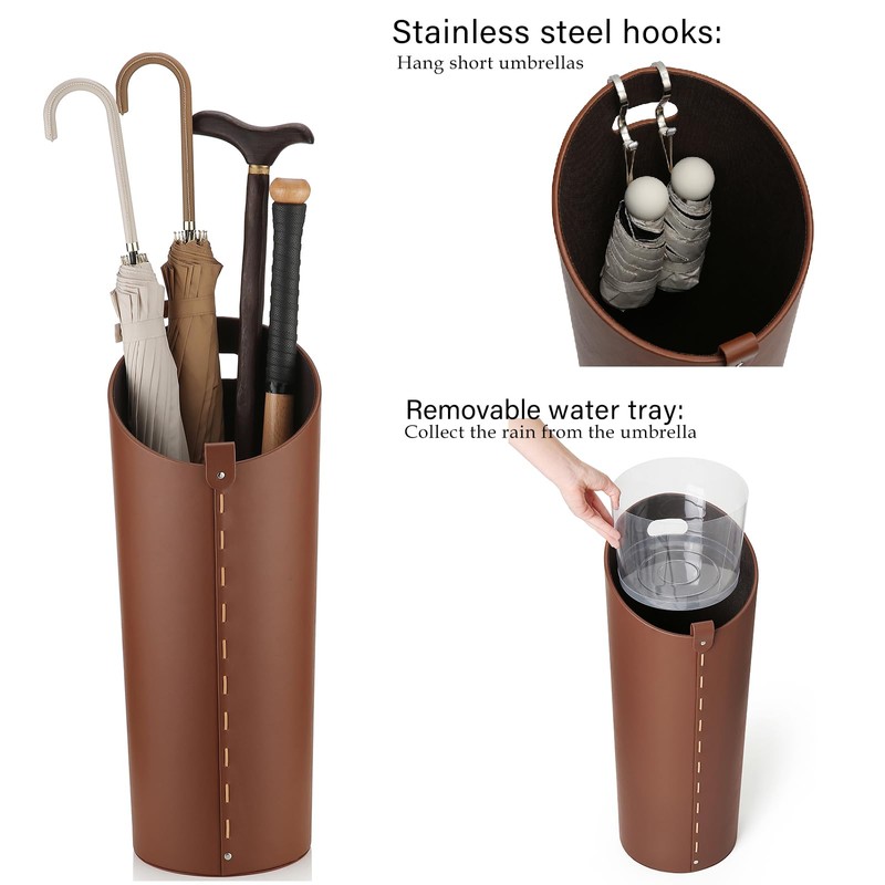 ELPMD Brown Leather Umbrella Holder Indoor Umbrella Stand Rack for