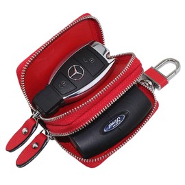 Esdrem Unisex Genuine Leather Key Case Holder Double Zipper Car Keychain Wallet Coin Purse Red