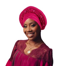 African Autogele Headtie Raw Silk Diamonds Head Wraps Women Turban Cap Nigeria Wedding Geles Party Headpiece Turbante Mujer (Rose Red)