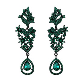 EVER FAITH Vintage Statement Teardrop Dangle Earrings, Costume Wedding Party Jewellery Art Deco Rhinestone Long Drop Chandelier Earrings for Women Green Black-Tone