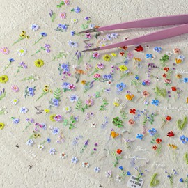 3 Sheets Summer Flower Nail Stickers Self-Adhesive Embossed Manicure Decals Colorful Small Floral Designs Nail Accessories with Tweezers for Women Manicure Art Supplies