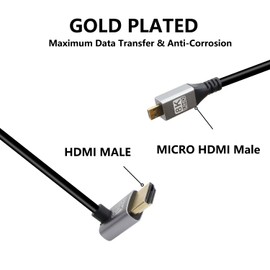 RIIEYOCA 90 Degree Up Angle UHD 8K HDMI Male to Micro HDMI Male 18Gbps High Speed 2.1 Extended Coil Cable Supports 8k@60Hz, 1080p, ARC, 3D, for DVR, HDTV, (Up Angle, 0.5m)