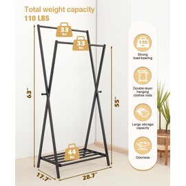 Cozivolife Bamboo Clothes Rack with Storage Shelf, Portable Garment Holder Clothing Hanger for Hanging Cloth, Foldable Wardrobe Storage for Entryway and Bed Room (Black)