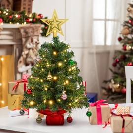 Uten Mini Christmas Tree Small Christmas Balls 28Pcs, Treetop Star 50 LED Waterproof Battery Box with Red Cement Base Christmas Decorations for Home, Office, Party