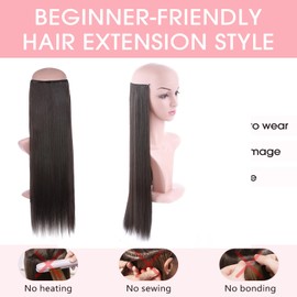 Silk-co Hair Extensions with Elastic Band, Straight Extensions with Invisible Cord, Synthetic Hairpiece Like Real Hair, Hair Thickening Hair Extensions for Women, Dark Brown, 60 cm