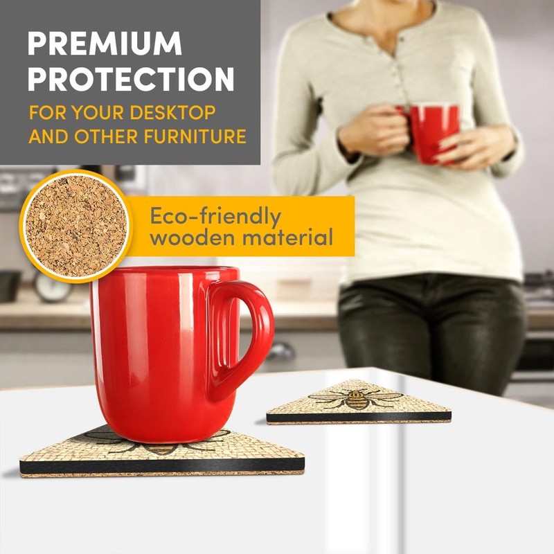 4 x Triangle Coasters - Manchester Bee Mosaic Pattern Cork