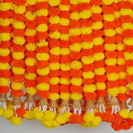 KRATI EXPORTS 5 Pc 5 feet Long Marigold Garland for Decoration Long Strands Artificial Marigold Flowers | Indian Décor for Pooja | Wedding | Christmas | Diwali Decor