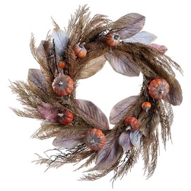 SilksAreForever 30" Artificial Pumpkin, Magnolia Leaf & Grass Hanging Wreath -Orange/Gray
