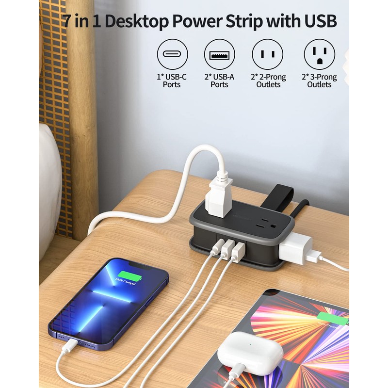 Travel Power Bar with USB C Port, NTONPOWER Flat Plug