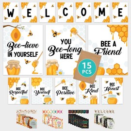 Decorably 15 Bee Teacher Decor Welcome Posters for Classroom - 11x14in Bee Poster Welcome Sign Classroom, Bee Classroom Decor for Teachers, Classroom Welcome Sign for Classroom Welcome Bulletin Board