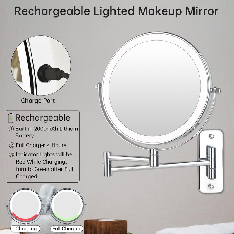 JANEEVA 8" Wall Mounted Lighted Makeup Mirror,Rechargeable Double Sided 1X/10X