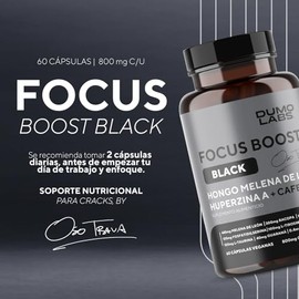 Dumo Focus Boost Black | Nootrópico Natural con Melena de León, Bacopa, Cafeína y Huperzina A | Energía Mental, Enfoque y Rendimiento Diario | 60 Cáps
