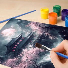 Paint by Numbers Adults, Cherry Blossoms, DIY Hand Painted Oil Painting Kit for Beginners and Adults, with Acrylic Paint Canvas and 3 Brush Kit, 40 x 50 cm, Without Frame, Temple Japanese Landscape