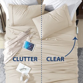 Swift Home Smart Sheets, Ultra Soft Brushed Microfiber 4-Piece Sheet Set, Fitted Bed Sheet with Side Storage Pockets – Cream, King