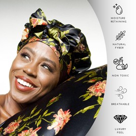 Wild Rose 100% Pure Silk Hair Bonnet Luxurious Reversible Wonder Loop Mulberry Silk for Curly Hair - Ultimate Sleeping Companion with Ties for Women - Handmade in USA