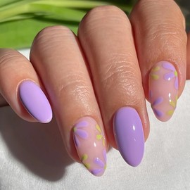 BABALAL Purple Press on Nails Medium Almond Fake Nails Lavender Flower Glue on Summer 24Pcs Stiletto False Acrylic Nails Supplies Art Diy Manicure Stick on for Women Grils