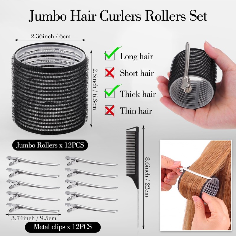 Large Hair Rollers Set, 12 Pieces 60mm Heat Free Jumbo