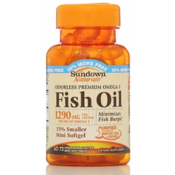 Sundown Naturals Odorless Premium Omega-3 Fish Oil 1290 mg Softgels, 60 ea (Pack of 4)