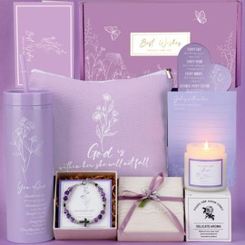 Teenyyou 9 Pcs Purple Christian Gift Basket Set for Women Faith Inspirational Religious Gifts Catholic Gifts Christian Tumbler Canvas Makeup Bag Gifts Basket Set for Women Mom Wife Sisters Friend