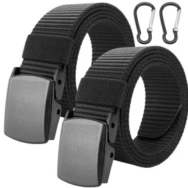 Scettar Men's Work Belt, Pack of 2 Nylon Tactical Belts, No Metal Buckle, 150 cm Men's Belt Without Holes for Work, Travel, Daily Commuting, with 2 Carabiners, Black X 2
