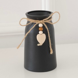 HOPEME 6-Inch Ceramic Vase with Jute Rope & Heart Charm, Farmhouse & Boho Decor, Black Vase for Flowers, Pampas Grass & Faux Greenery