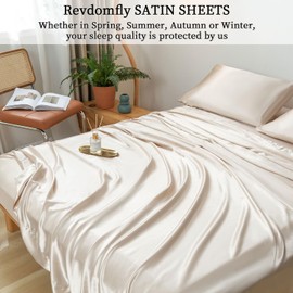 Revdomfly 4 Pcs King Size Luxury Silky Soft Gold Satin Sheet Set,1 Premium Moisture Wicking Fitted Sheet Fits Up to 16 Inches Deep Pocket + 1 Flat Sheet + 2 Pillowcases（Gold, King）