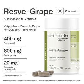 WELLMADE Resveratrol (Fuente de Antioxidantes) con Pulpa de Uva | Suplemento Alimenticio con Resveratrol para Hombre y Mujer | 60 Cápsulas de 400 mg para un Suministro de 30 Dias | 2 Cápsulas al Día