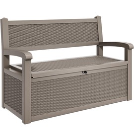 YITAHOME 70 Gallon Storage Bench Deck Box, Lockable Patio Bench, Waterproof Outdoor Pool Deck Storage for Patio Cushions, Garden Tools and Pool Supplies, Light Brown