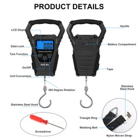 HEETA Waterproof Fish Scale Digital with Backlit LCD Display, 110lb/50kg Portable Hanging Scale Fishing Scale for Home and Outdoor, Measuring Tape and 2 AAA Batteries Included (Black)