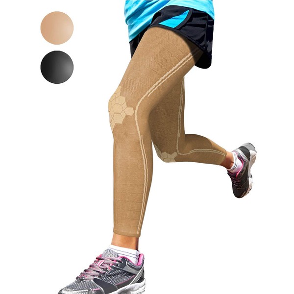 Sparthos Full Leg Compression Sleeves - Braces for Calves, Knee and Thigh, Recovery, Support Pain Relief for Sports Patella Meniscus Tear Mcl Acl Tendon Osgood Schlatter - Mens and Womens (Beige-S)
