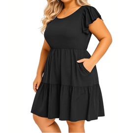 Talisea Plus Size Dresses for Women Casual Black Sundress Summer Tiered Cotton Babydoll Short Cute Tshirt Sun Dress with Pockets