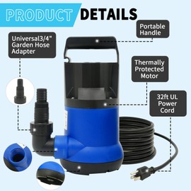 Sump Pump With Float Switch Sump Pump Submersible Clean/Dirty Water Pump Portable Utility Pump 1/2HP 1850 GPH with 33ft Cord for Swimming Pool Garden Basement Tub Pond Draining