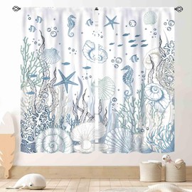Nautical Beach Curtains, Coastal Seahorse Sea Turtle Starfish Seashell Undersea Animal Blue Blackout Drapes for Bedroom Living Room Kids Room Bathroom Kitchen Window Treatments 2 Panel, 42"x45" Inch
