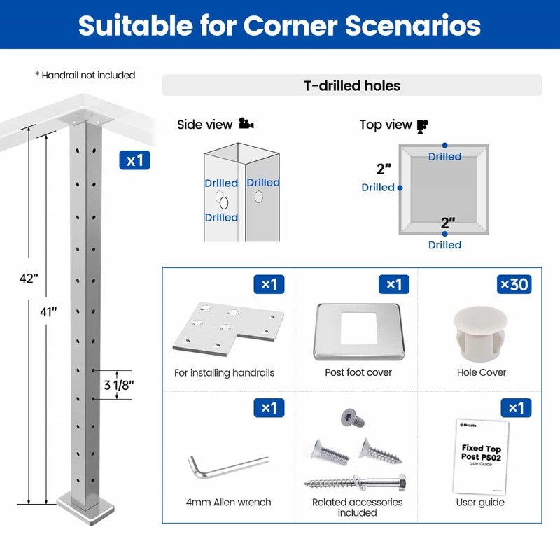Muzata Corner Cable Railing Post 42 Inch 42"x2"x2" T-drilled One-Post